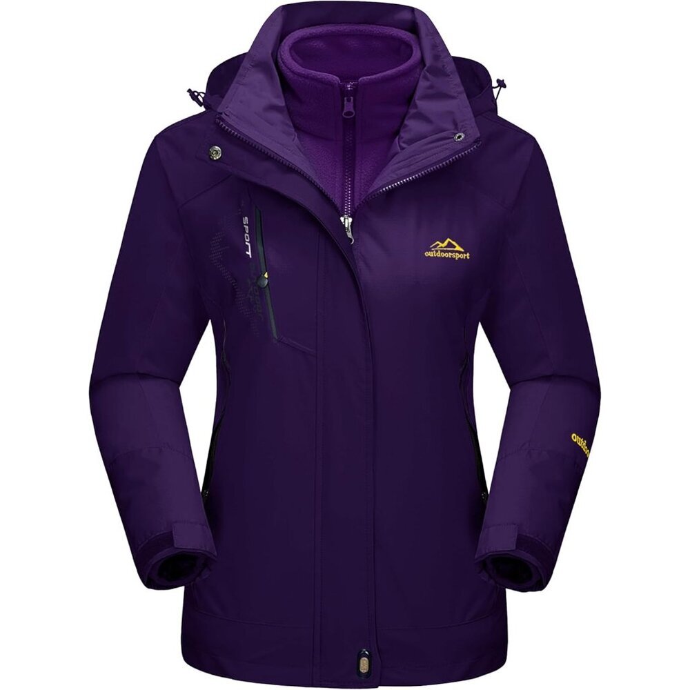 Women Dark Purple 3-in-1 Winter Waterproof Windproof Fleece Lined Winter Jacket